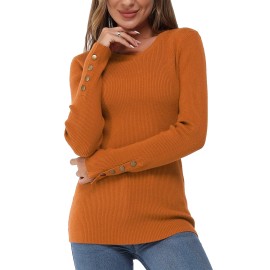 Newshows Womens Solid Long Sleeve Knit Crew Neck Button Stretch Casual Pullover Sweater Fashion 2023(Orange,Medium)
