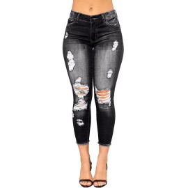 Women High Waist Skinny Stretch Ripped Jeans Destroyed Denim Pants