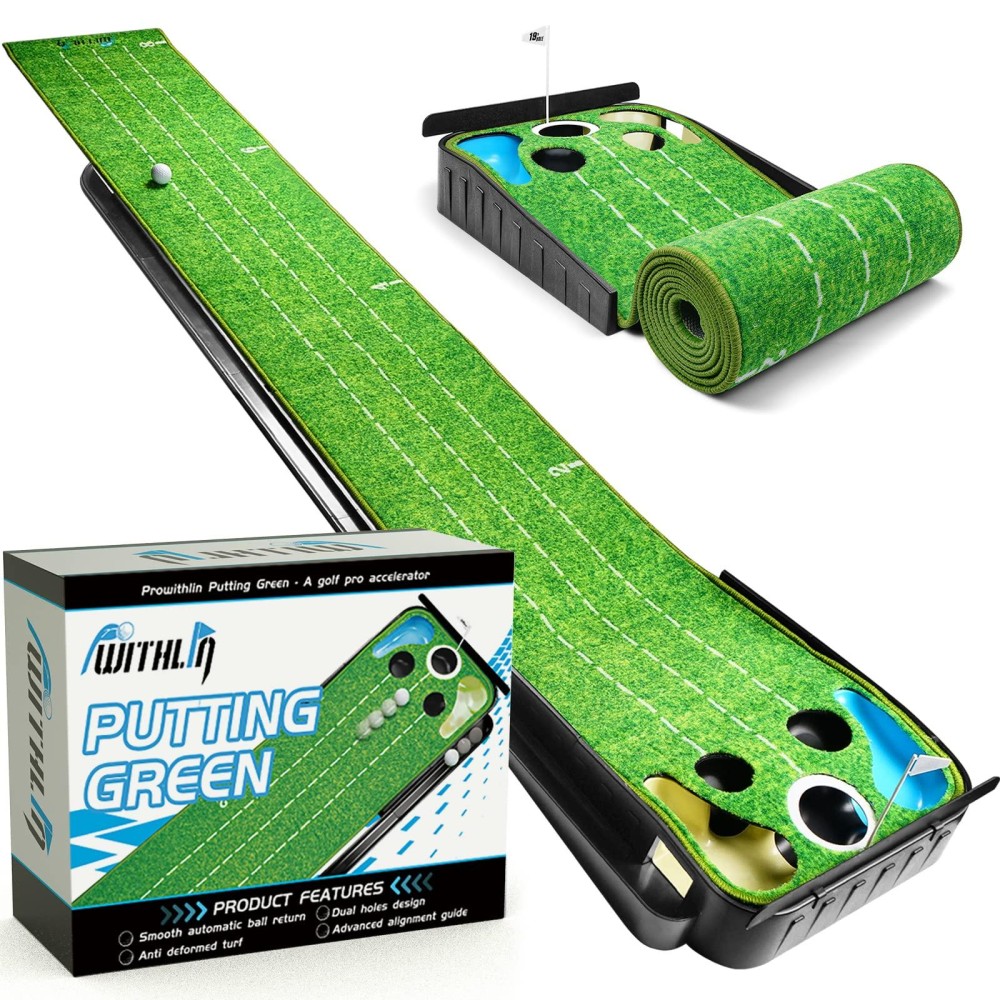 Putting Green, Golf Putting Mat With Non-Wrinkle Crystal Velvet, Golf Putting Game Practice With Auto Ball Return, 5-Hole Design, Bunker And Water Hazard Simulation, Golf Accessories Golf Gift For Men