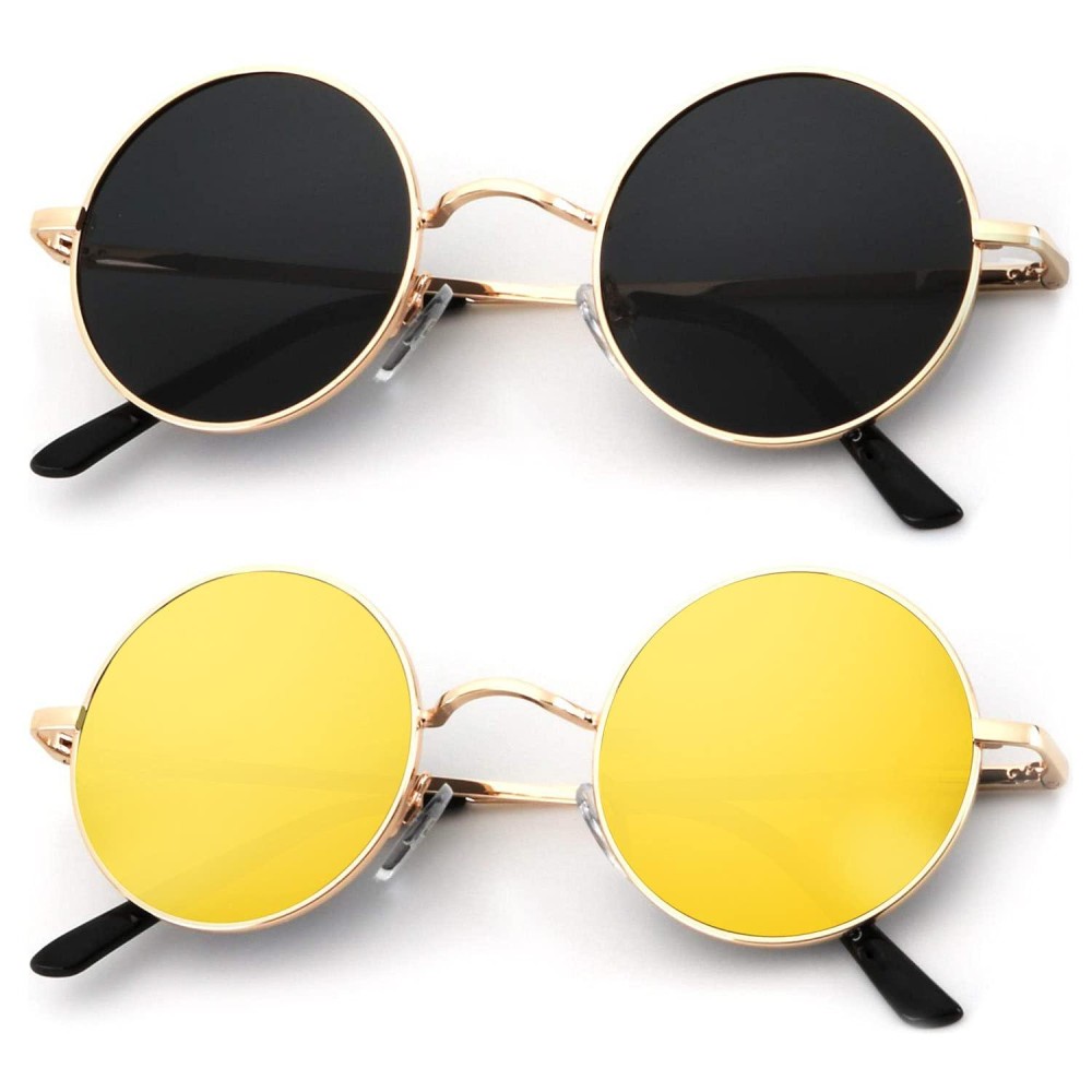 Kaliyadi Round Polarized Sunglasses For Men Women Retro Metal Hippie Circle Style Sun Glasses Uv Protection (2 Pack) 45Mm