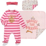Harry Potter Newborn Baby Boy Or Girl Zip Up Sleep N Play Coverall Headband Burp Cloth And Blanket 4 Piece Outfit Set Pink 6-9 Months