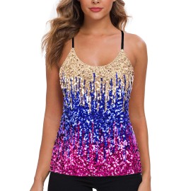 Maner Womenas Sequin Tops Glitter Party Strappy Tank Top Sparkle Cami (Small, Goldroyal Bluepurple)