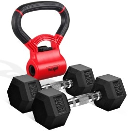 Combo Kettle Grip (Single) Rubber Hex Dumbbell (Pair) - 20Lbs - Red