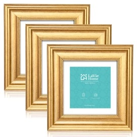 Lavie Home 6X6 Picture Frames (3 Pack, Gold) With Mat For 4X4 Photos Rustic Wood Grain Photo Frame With High Definition Glass For Wall Mount Table Top Display, Set Of 3 Square Frame
