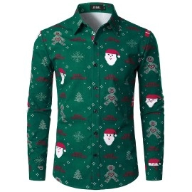 Jogal Mens Christmas Santa Claus Party Long Sleeve Button Down Shirts Greensanta X-Large