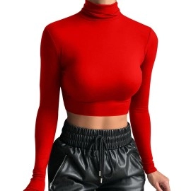 Lcnba Womens Long Sleeve Crop Top Turtleneck Sexy Basic Cropped Tops Shirt Red Large