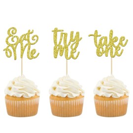 Gyufise 24 Pack Eat Me Cupcake Toppers Try Me Take One Gold Glitter Alice In Wonderland Cupcake Picks Decorations For Baby Shower Boys Girls Kids Birthday Wonderland Theme Party Supplies