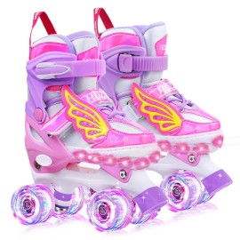 Hozzen Kids Roller Skates For Girls - Led Light Up Girl Roller Skates For Kids (9C-6Y) With Storage Bag, 4 Sizes Adjustable,Unicorn Pink Shiny Illuminating Toddlers Skates For Beginner