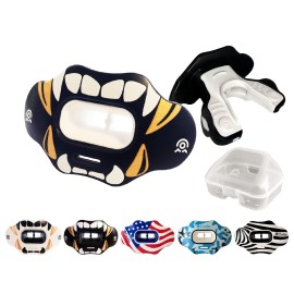 Coollo Sports Lip Guard Mouthguard Maxx/Might Football And High Impact Sports Lip Protector For Adults & Youth (Strap Included) (Golden White Fangs -(Two Layers), With Case (Adult 8+))