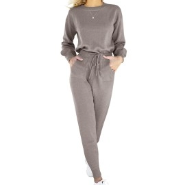 Anrabess 2 Piece Outfits Long Sleeve And Pants Trendy Khaki Rib Knit Matching Lounge Set For Women B4Ci02-Huakaqi-L