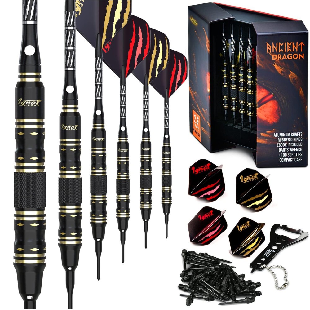 Ignatgames Darts Plastic Tip Sets - Soft Tip Darts For Electronic Dartboard - Plastic Tip Darts Set With Aluminum Shafts, O'Rings, 100 Dart Tips And 16 Flights + Darts Wrench + Innovative Case