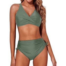 Aqua Eve Women High Waisted Bikini Twist Front Swimsuits Lace Up Bikini Tops Ruched Push Up 2 Piece Bathing Suits Army Green Xl