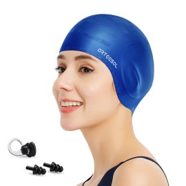 Arteesol Swimming Caps - Silicone Swim Cap Swimming Hats Anti-Slip Waterproof Bathing Cap For Long Hair Women And Men Aldult Kids (Navy Blue)