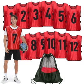 Puluomasi Scrimmage Training Vest (12 Pack) Team Sports Pinnies Jerseys For Adult Youth Soccer Bibs Numbered Practice Jerseys Red M
