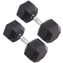 Body Sport Rubber Encased Hex Dumbbell - Set Of Two - Blackmetal - 45 Pounds