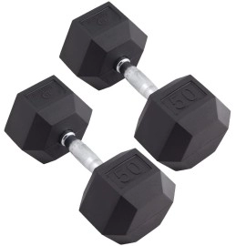 Body Sport Rubber Encased Hex Dumbbell - Set Of Two - Blackmetal - 50 Pounds