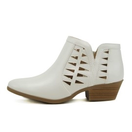 Soda Chance Womens Perforated Cut Out Stacked Block Heel Ankle Booties (6, Off White Pu, Numeric_6)