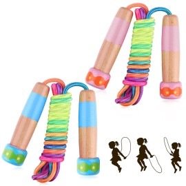 2 Pcs Jump Rope For Kids Adjustable, Lorvain Rainbow Skipping Rope , Kids Jump Ropes With Wooden Handle For Girls Boys , Weighted Jumping Ropes For Fitness Workout Exercise Outdoor Fun Activity