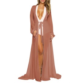 Pink Queen Womens Long Sleeve Brazilian Sexy Maxi Long Bathing Suit Swimsuit Bikini Tie Front Robe Cover Up Coffee M