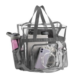 Clear Tote Bag Stadium Approved - Mesh Pockets, Shoulder Straps And Zippered Top. Perfect Clear Bag For Work, School, Sports Games And Concerts. Meets Stadium Tournament Guidelines. (Grey)