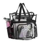 Masirs Clear Tote Bag Stadium Approved, Mesh Pockets, Shoulder Straps And Zippered Top, Perfect Clear Bag For Work, School, Sports Games And Concerts, Meets Stadium Tournament Guidelines, (Black)