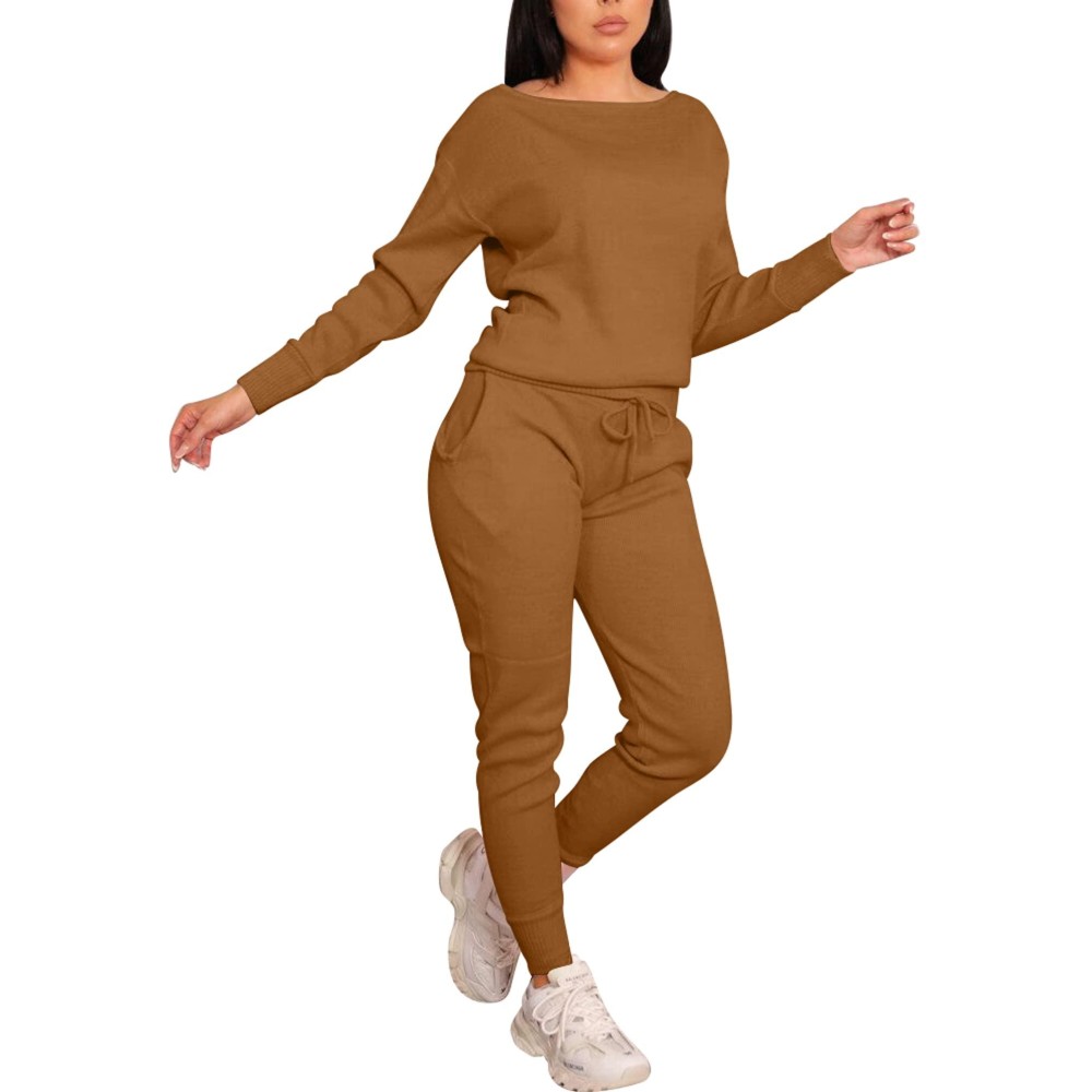 Vasauge Womens Workout 2 Piece Tracksuit Outfits Long Sleeve Tops Track Sweat Suits Jogger Pants Sets Sweatsuit, X-Large, Coffee