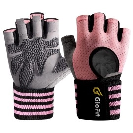 Glofit Workout Gloves With Wrist Wrap Support For Men & Women, Weight Lifting Gloves With Cuved Open Back Fingerless For Cycling, Gym, Training, Crossfit (Small, Pink)
