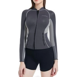 Goldfin Womens Wetsuit Top, 2Mm Neoprene Wetsuit Jacket Long Sleeve Wetsuit Tops With Zipper Pockets For Water Aerobics Diving Surfing Swimming (Gray, 2Xl)