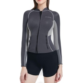 Goldfin Womens Wetsuit Top, 2Mm Neoprene Wetsuit Jacket Long Sleeve Wetsuit Tops With Zipper Pockets For Water Aerobics Diving Surfing Swimming (Gray, Xs)