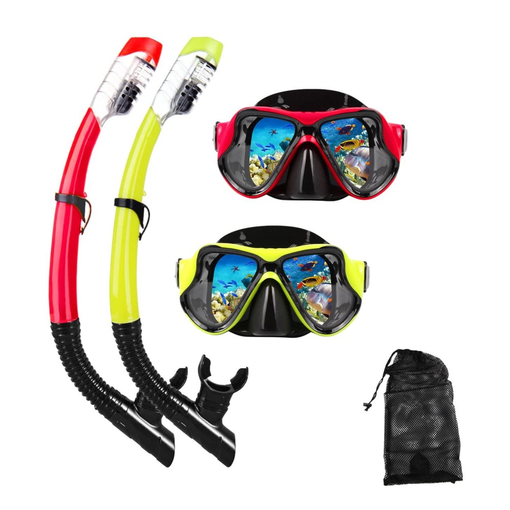 Snorkeling Gear For Adults Snorkel Mask Set Scuba Diving Mask Dry Snorkel Swimming Glasses Swim Dive Mask Nose Cover Youth Free Diving (Red+Yellow(2 Pack))