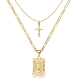 Keloris Path Gold Layered Initial Cross Necklace, 14K Gold Plated Layering Square Letter Pendant Figaro Chain Cross Choker From A-Z Capital Jewelry For Women Girlschain Necklace(Letter G)