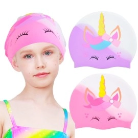2 Pcs Kids Swim Cap Silicone Swimming Cap For Boys Girls (Age 3-12) Cover Ears Waterproof Bathing Cap Keep Hair Dry Swimming Hat For Hair
