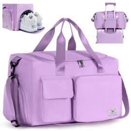 Fioretto Womens Mens Sports Gym Bag Duffle Bag With Shoes Compartment, Weekend Travel Bag Overnight Bag For Women, Foldable Water Resistant Holdall Hospital Bag For Swimming, Basketball Purple