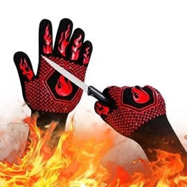 Bbq Fireproof Gloves, Grill Cut-Resistant Gloves 1472Af Heat Resistant Gloves, Non-Slip Silicone Oven Gloves, Kitchen Safe Cooking Gloves For Oven Mitts,Barbecue,Cooking, Frying,135 Inch-Red