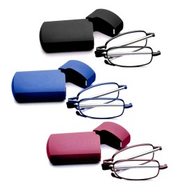 Goosen 3-Pack Reading Glasses Men Women, Pocket Wallet Purse Compact Hard Cases Folding Readers, Blue Light Glasses Spring Hinge 10 X