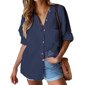 Hotouch Womens Long Sleeve Button Down Cotton Linen Shirt Blouse Loose Fit Casual V-Neck Business Tops Navy Blue S