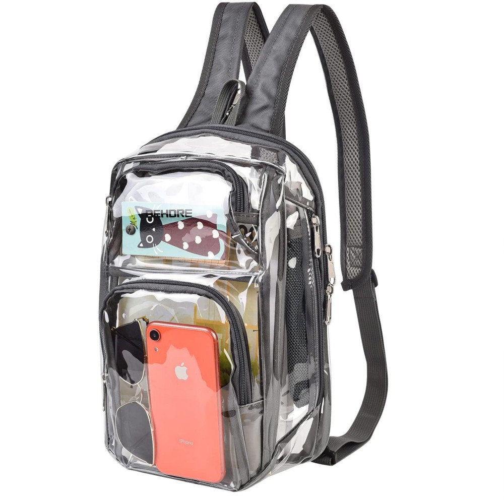 Clear Backpack Stadium Approved 12126 With Breathable Shoulder Straps, Clear Sling Bag For Stadium Work Concert Festival - Grey