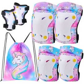 Fioday Knee Pads For Kids Unicorn Knee Elbow Pads Wrist Guards With Drawstring Bag Adjustable Protective Gear Set For Girls Boys Inline Skating Bike Cycling Skateboard Scooter, 3-8 Years, Colorful