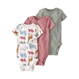 Little Planet By Carters Baby 3-Pack Organic Cotton Short-Sleeve Rib Bodysuits, Endangered Species, 3 Months