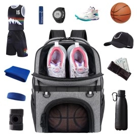 Basketball Backpack with Ball compartment, Basketball Bag for Youth Boys girls, Large capacity Sports gym Basketball Bookbag with Shoe compartment Fits Soccer & Volleyball Football Equipment, gray