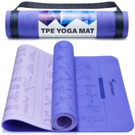 Instructional Yoga Mats With 150 Fade-Proof Poses Printed On It - 24 Wide X 72 Long Double-Sided Non Slip Tpe Eco-Friendly Workout Mat - 6Mm Thick Exercise Mat With Carrying Strap For Beginners