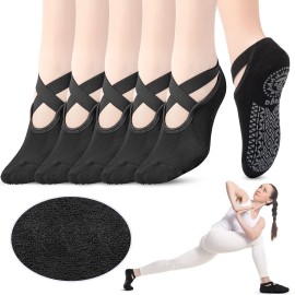 Geyoga 6 Pairs Yoga Socks For Women Nonslip Barre Socks With Straps Ballet Dance Socks For Yoga Sports Ballet Barre Dance (Black)
