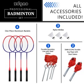Zdgao Badminton Set for Backyard with Net | Portable Outdoor Badminton Net with Winch System, 4 Badmitton Rackets, 3 Nylon Shuttlecocks, Boundary Line, and Durable Carrying Bag for Lawn, Beach