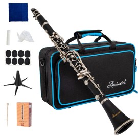 Aisiweier B-Flat Clarinet Black Ebonite Clarinet For Student Beginner, With Nickel-Plated Keys,Belt, Joint Grease, White Gloves, Soft Polishing Cloth, 8 Mouthpiece Cushion, Hard Clarinets