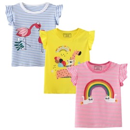 Little Girls Short-Sleeve Graphic Tees Shirts Cotton Casual Crewneck Blue Pink Stripe Easter Summer Tops T-Shirts 3 Packs Sets Size 6