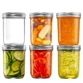 6 Pack] 16 Oz Wide-Mouth Glass Mason Jars With Metal Airtight Lids And Bands For 1 Pint Canning, Preserving, Meal Prep