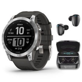 Wearable4U Garmin Fenix 7 Multisport Gps Touchscreen Smartwatch, Silver With Graphite Band Black Earbuds Bundle