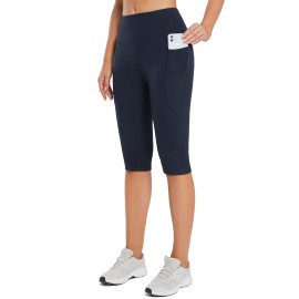 Baleaf Womens Knee Length Leggings High Waisted Plus Size Yoga Workout Exercise Capris For Casual Summer With Pockets Navy Blue Xxxl