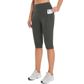 Baleaf Yoga Capri Pants For Women Knee Length Leggings High Waisted Petite Casual Workout Exercise Capris With Pockets Gray L