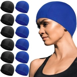 12 Pieces Nylon Spandex Fabric Swimming Caps Solid Antislip Swimming Hats Elastic Bath Caps For Adult Men Women Kids (Black, Blue)
